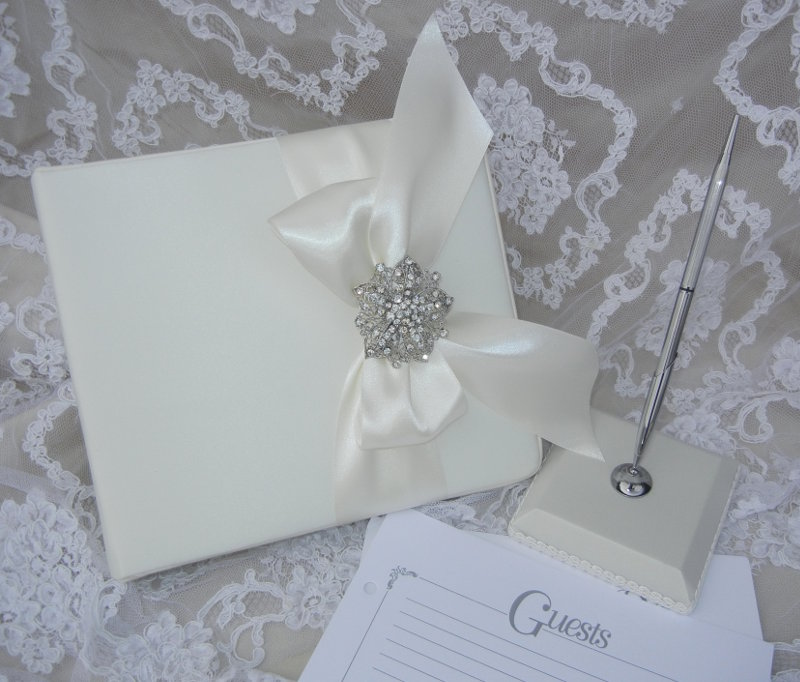 Satin Guest Book with Crystal Brooch